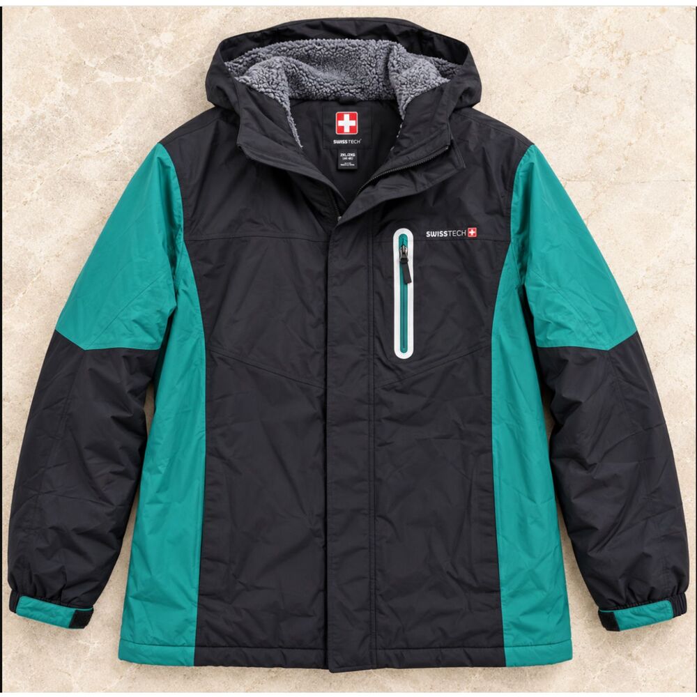 SwissTech Boys XXL 18 Winter Ski Jacket Black Green Hooded Insulated Snow Coat